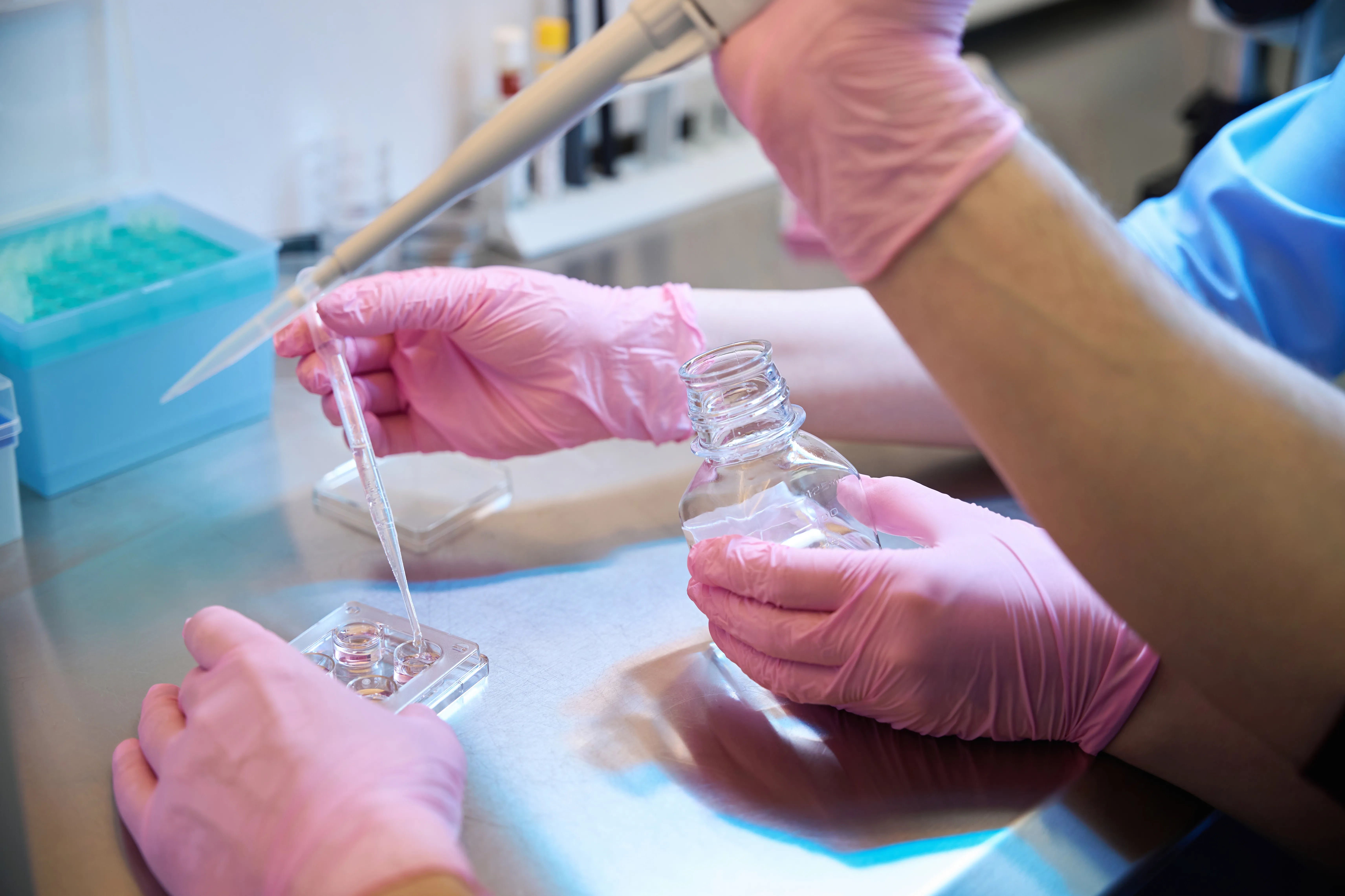 gloved hand holding test tube by river